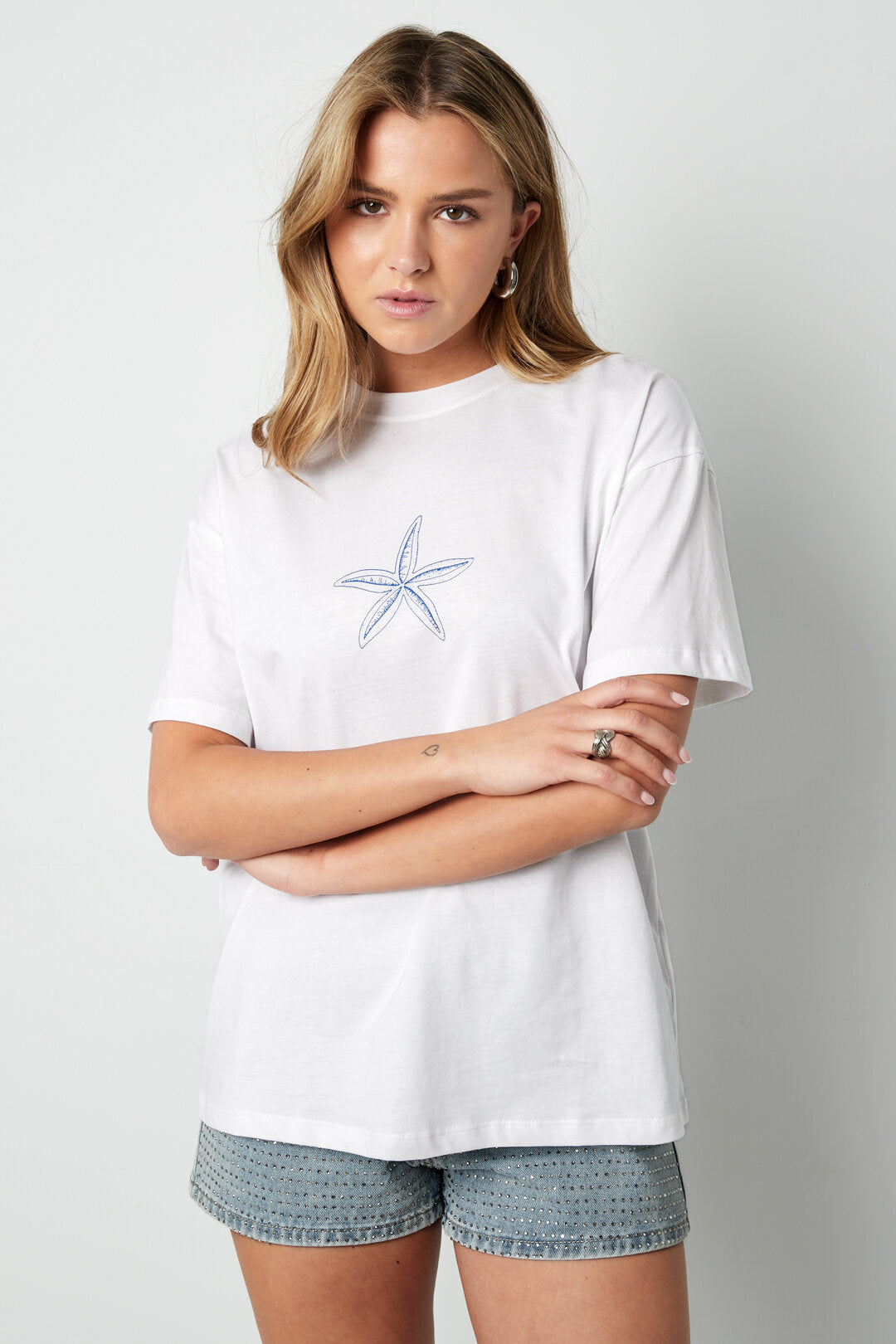 Cotton Vrouwen T-shirt Casual Geborduurde Sterrenvis