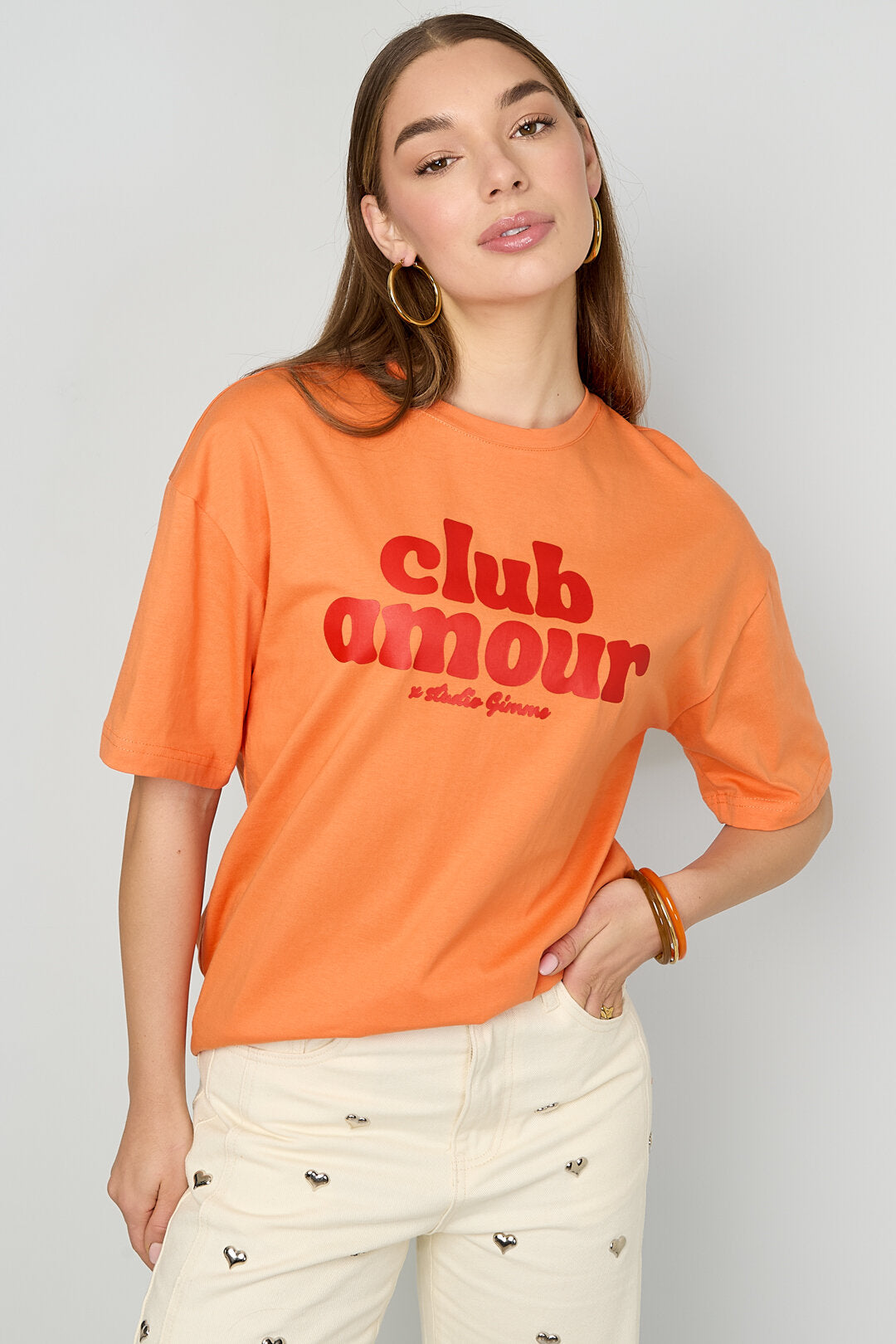 Katoenen Club Amour T-shirt dames in rood roze of oranje