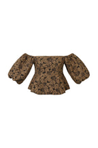 Top dames pofmouw bruin met bloemenprint en textuur