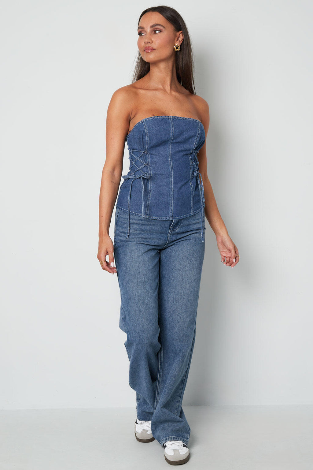 Blauwe strapless top dames voor zomer en vakantie